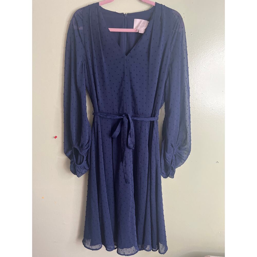 Gal Meets Glam navy dress textured Swiss dot long blouson sleeves, size 12 - Picture 2 of 12